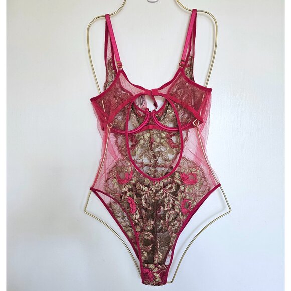 NWT!! Agent Provocateur Lysianne Mesh Lace Bodysuit, US8 (M), Fuchsia & Gold - Picture 3 of 12